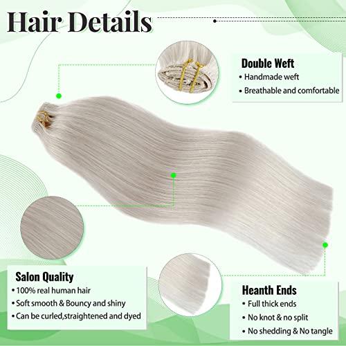 SOSEXY Clip in Hair Extensions Ice White Remy Human Hair Extensions 70g 5pcs Silk Straight Double Weft Real Human Hair Clip in Extensions 16 Inch Hair Extensions Clip ins Full Thick Ends Hair Extensions