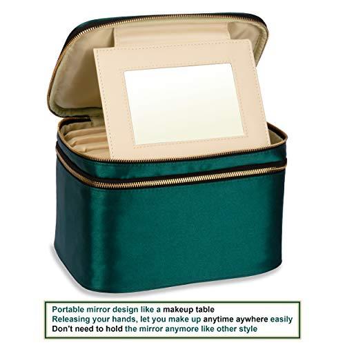 Eudora Eudora Double Layer Travel Makeup Bag, Green Nylon Satin Makeup Bag Organizer with Portable Mirror and Brushes holders, Large Cosmetics bag for Women (Green)