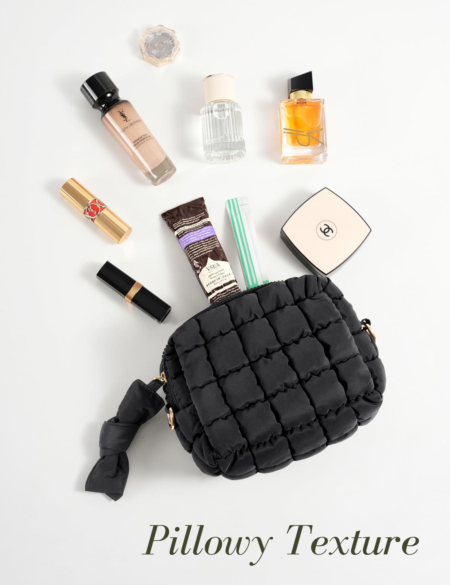 Yarnic Yarnic Quilted Makeup Bag Cosmetic Bag, Travel Toiletry Bag for Women, Cute Makeup Bag Organizer Puffer Makeup Pouch (S, Black)