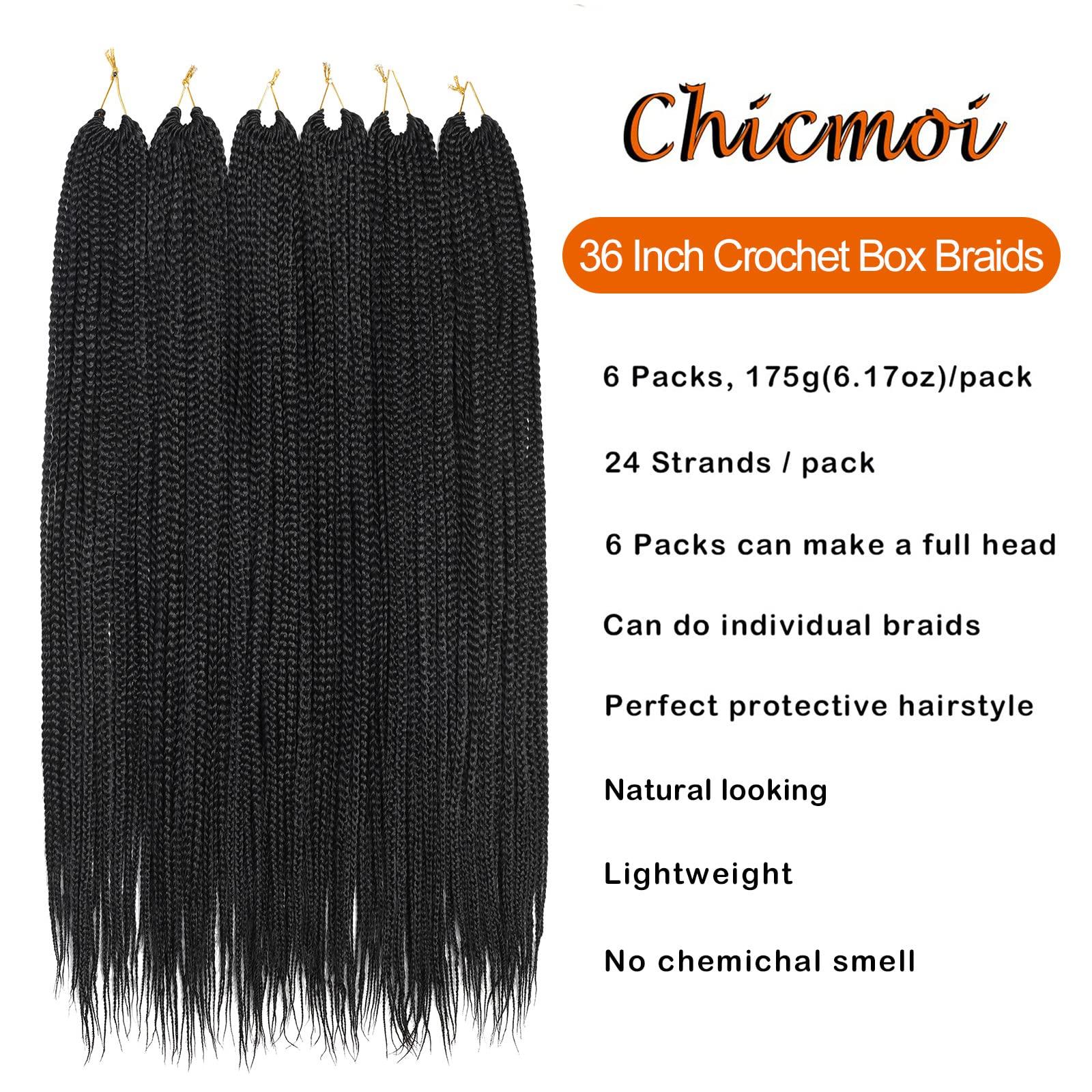 Chicmoi 36 Inch Long Box Braid Crochet Hair 144 Strands Thin Crochet Box Braids Pre Looped Box Braids Crochet Braids black Box Braid Crochet Hair for Black Women (36 inch box braids 6 packs, 1B)