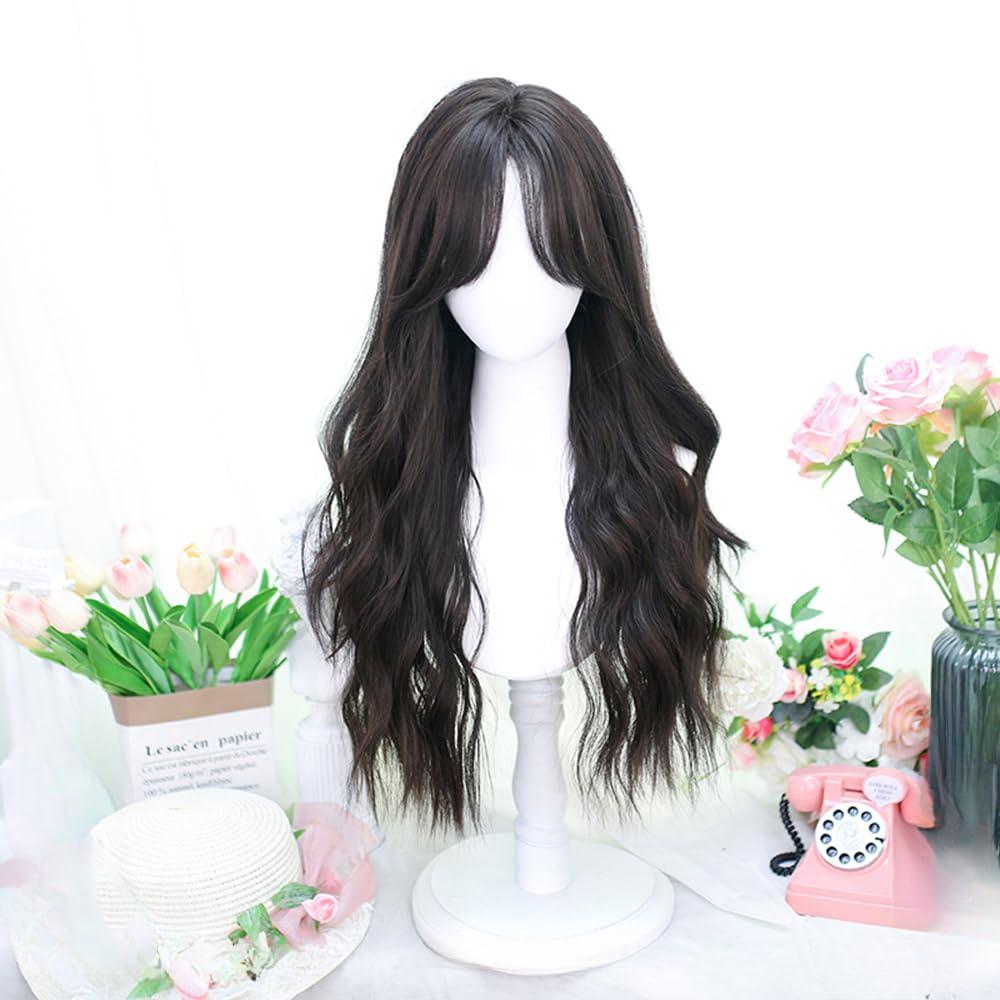 TALENARRA TALENARRA Black Wig with Bangs Long Black Wavy Wigs for Women Synthetic Wigs Natural Black Curly Hair Wig for Daily Party Use (black)