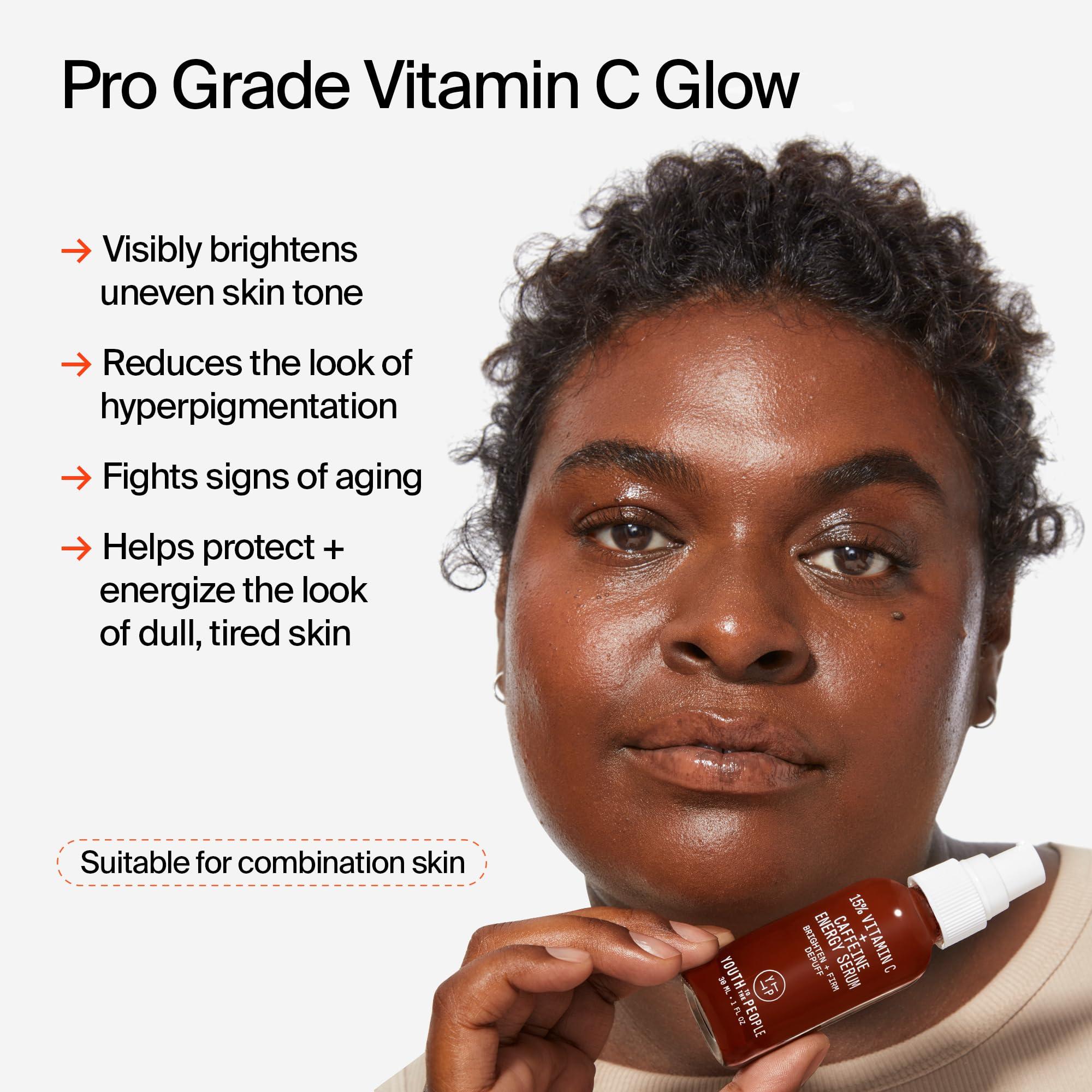 Youth To The People Youth To The People 15% Vitamin C + Caffeine Energy Face Serum, Full Size (1 fl oz), Reduce Puffiness, Brighten Uneven Skin Tone + Improve Texture, Treats Dark Spots + Dullness, Vegan