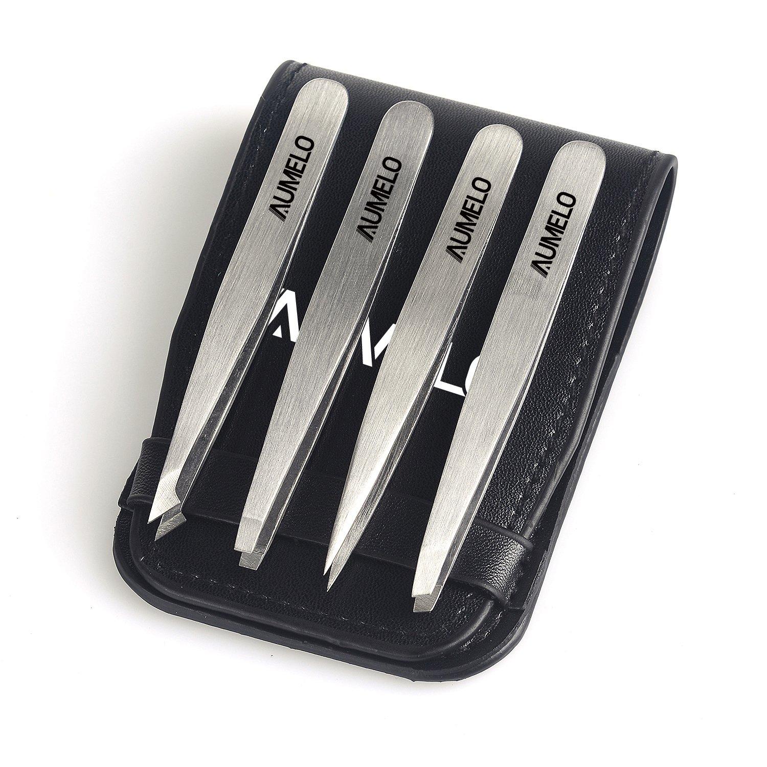 AUMELO Tweezers Set 4-Piece Professional Stainless Steel Tweezers Gift with Travel Case by Aumelo - Best Precision Eyebrow and Splinter Ingrown Hair Removal Tweezer Tip,No Colored & Chemical Free