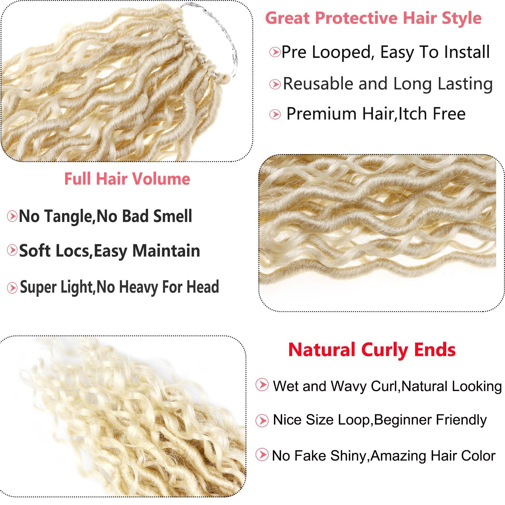 Ahrencan 613 Goddess Locs Crochet Hair,5 Packs 14 Inch Pre Looped Blonde Boho Goddess Faux Locs Crochet Hair With Curly Ends,Soft Hippie Locs Crochet Hair For Women Human Hair (14in,5packs, 613#)