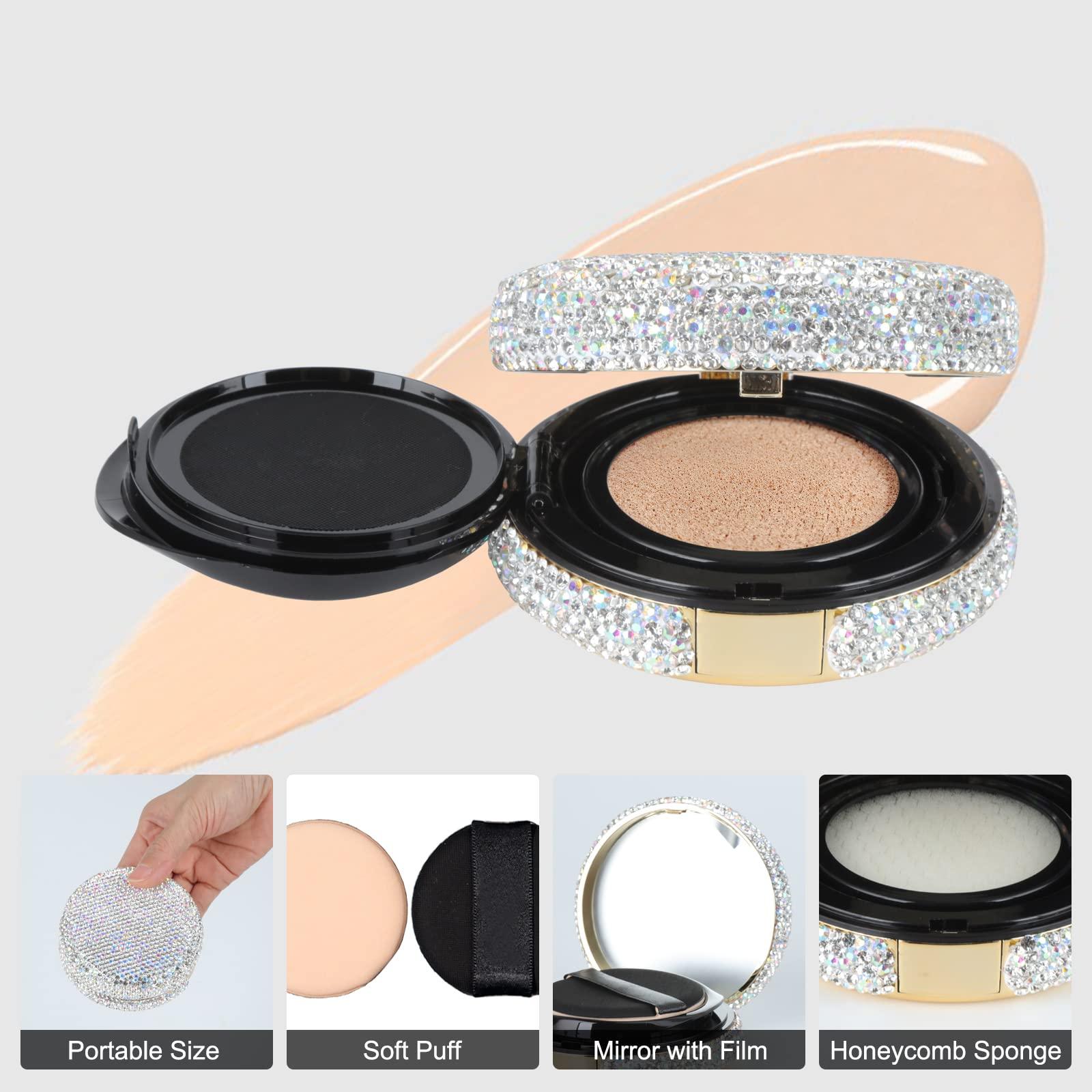 KEYPOWER KEYPOWER Makeup Powder Empty Box with Bling Diamond Loose Powder Compact Empty Container with Powder Puff and Mirror Refillable for Home or Trip (White)