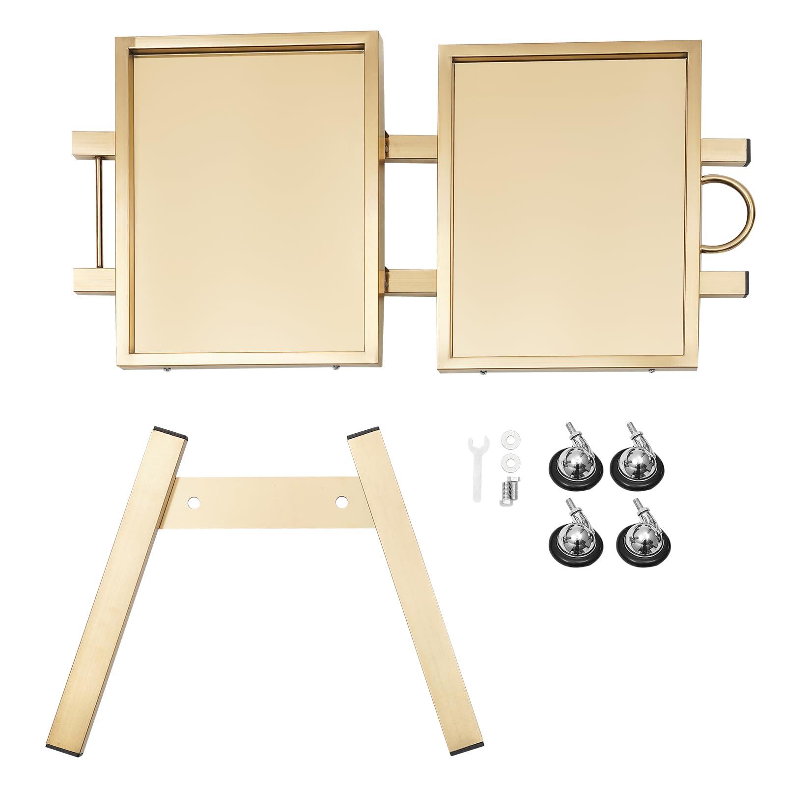 Pinelicorn 2 Tier Metal Rolling Cart, Stainless Steel Salon Tray with Wheels, Foldable Utility Carts, Folding Salon Tray Trolley, Rolling Tray Salon Trolley for Tattoo (Golden)