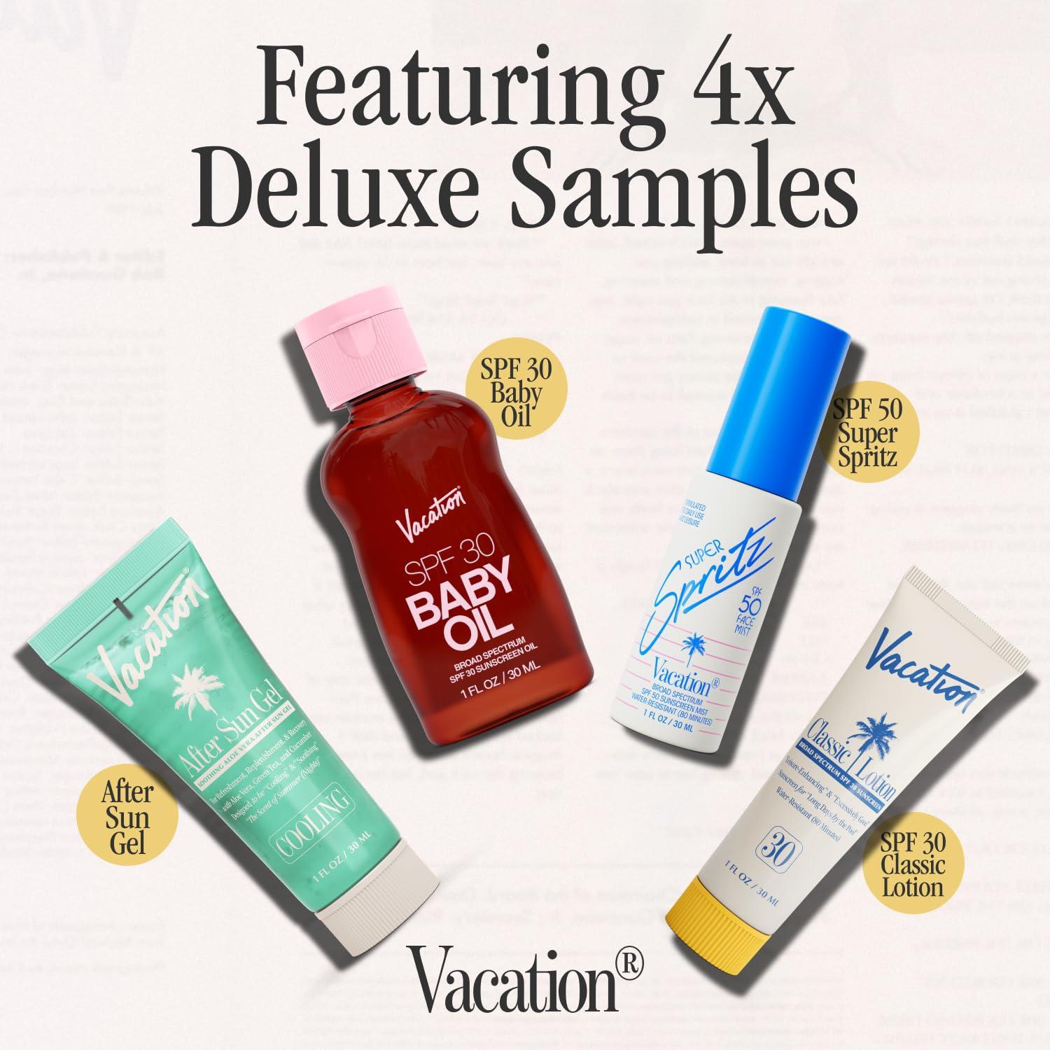 VACATION Vacation Sun Belt Sampler, Includes Baby Oil SPF 30 (1 Fl. Oz.), Super Spritz SPF 50 Face Mist (1 Fl. Oz.), Classic Lotion SPF 30 (1 Fl. Oz.), After Sun Gel (1 Fl. Oz.),Festival Friendly Fanny Pack