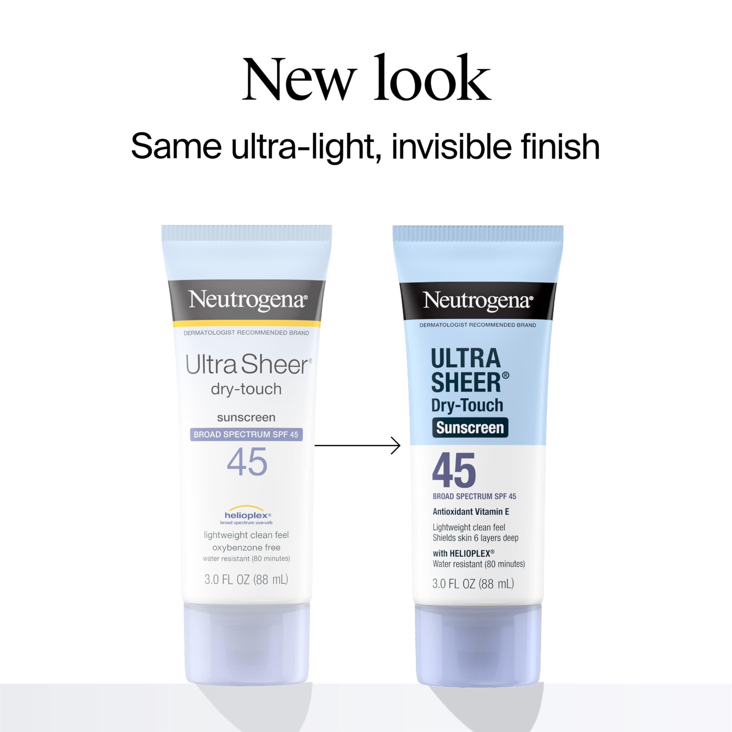 Neutrogena Neutrogena Ultra Sheer Dry-Touch Sunscreen Lotion, Broad Spectrum SPF 45 UVA/UVB Protection, Lightweight Water Resistant, Non-Comedogenic & Non-Greasy, Travel Size, 3 fl. oz (Pack of 3)