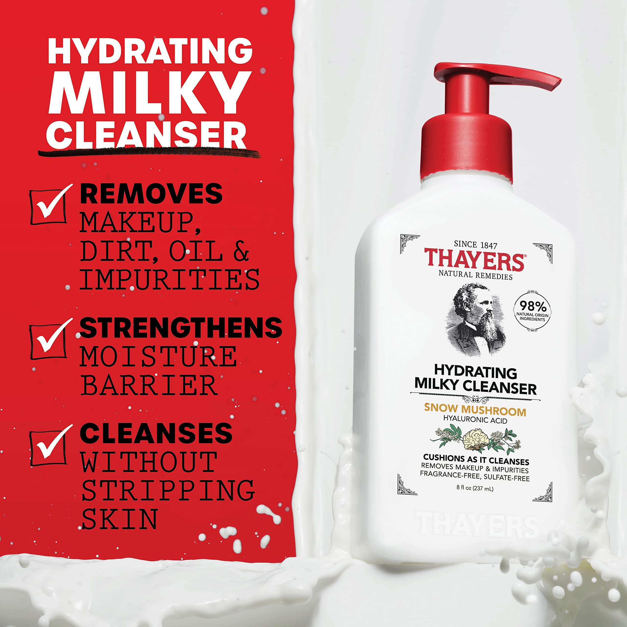 THAYERS Thayers Milky Face Cleanser with Snow Mushroom, Hyaluronic Acid - Gentle, Hydrating, Dermatologist Recommended for Dry, Sensitive Skin - Paraben Free, 8 oz