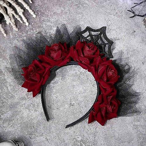 Catery Catery Gothic Floral Headband Halloween Headbands Gothic Floral Headdress Veil Headband Vampire Rose Headpiece Cosplay Masquerade Hair Accessories for Women and Girls