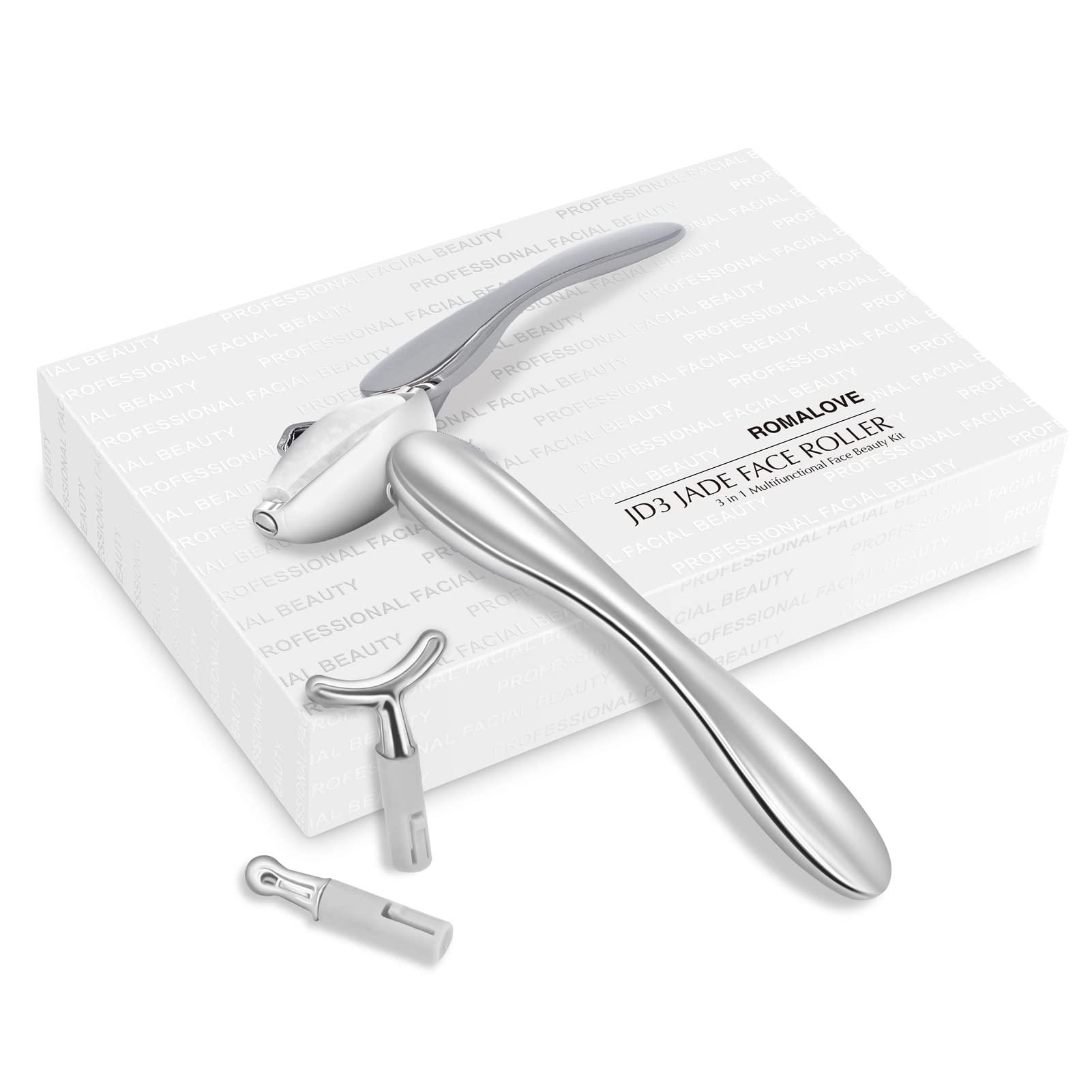 ROMALOVE Jade Facial Roller, Real Jade Face Roller Massager with 3 Interchangeable Heads for Women Routine Skin Care, Reduce Puffiness Wrinkling Rejuvenate Skin (White Jade + Silver Handle)