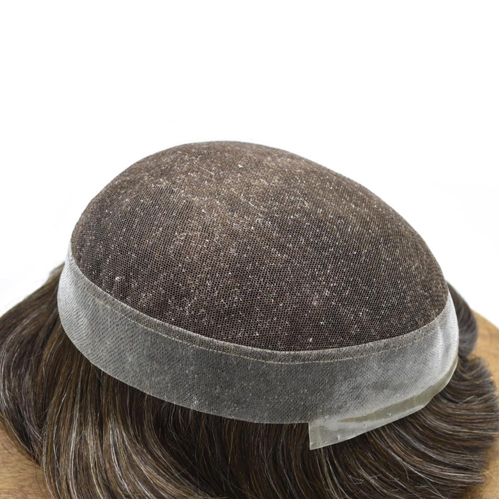 DR Hair Men Hair System Swiss Lace Mens Toupee Real Human Hair Piece For Men Hair Replacement System For Men Toupee For Men Hair Piece For Men 8x10 Medium light density #330 3# DARK BROWN+30% GREY