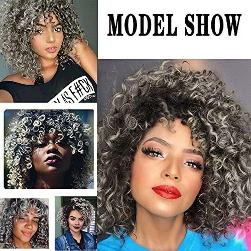 Kaneles Kaneles Short Grey Kinky Afro Wig for Black Women Synthetic Mixed Gray Wigs with Bangs Hair Shoulder Length Kinky Afro Curly Wig for Daily