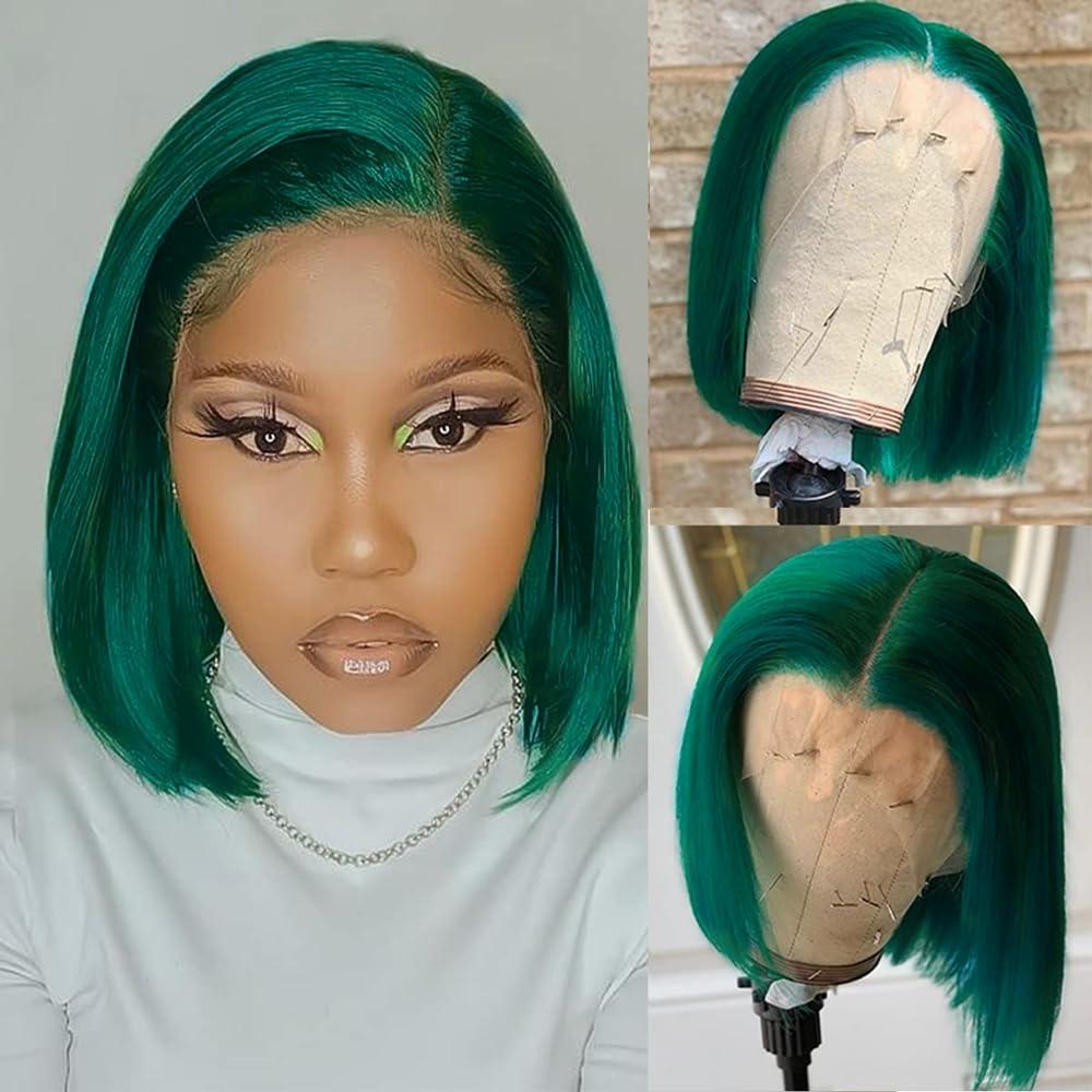 Superfect Superfect Dark Green Lace Front Wigs Human Hair Pre Plucked Bob Wig Human Hair 13x4 Frontal Lace Wig HD Transparent Short Human Hair Wigs for Women (16 Inch, Dark Green)