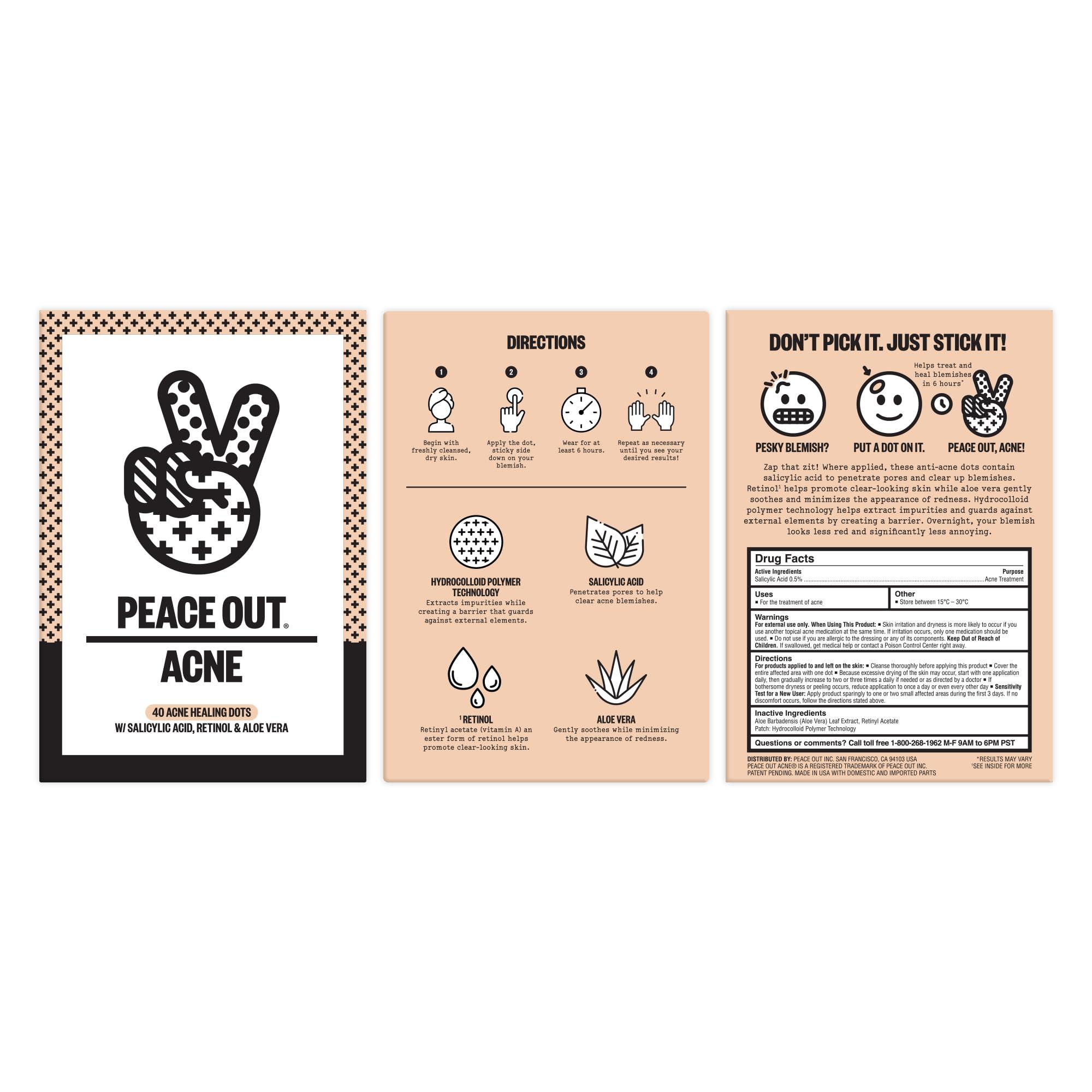 PEACE OUT PEACE OUT Acne Healing Dots Helps Clear Blemishes Overnight, Fast Acting Hydrocolloid Pimple Patches for Breakouts with Salicylic Acid, Retinol and Aloe Vera, Award Winning Skincare Solution 40 Count