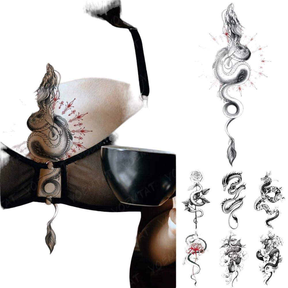 TTHUONG THATHU Waterproof Temporary Tattoo Sticker Black Snake Dragon Flash Tatto Tiger Flowers Roses Body Art Arm Tatoo Men Women