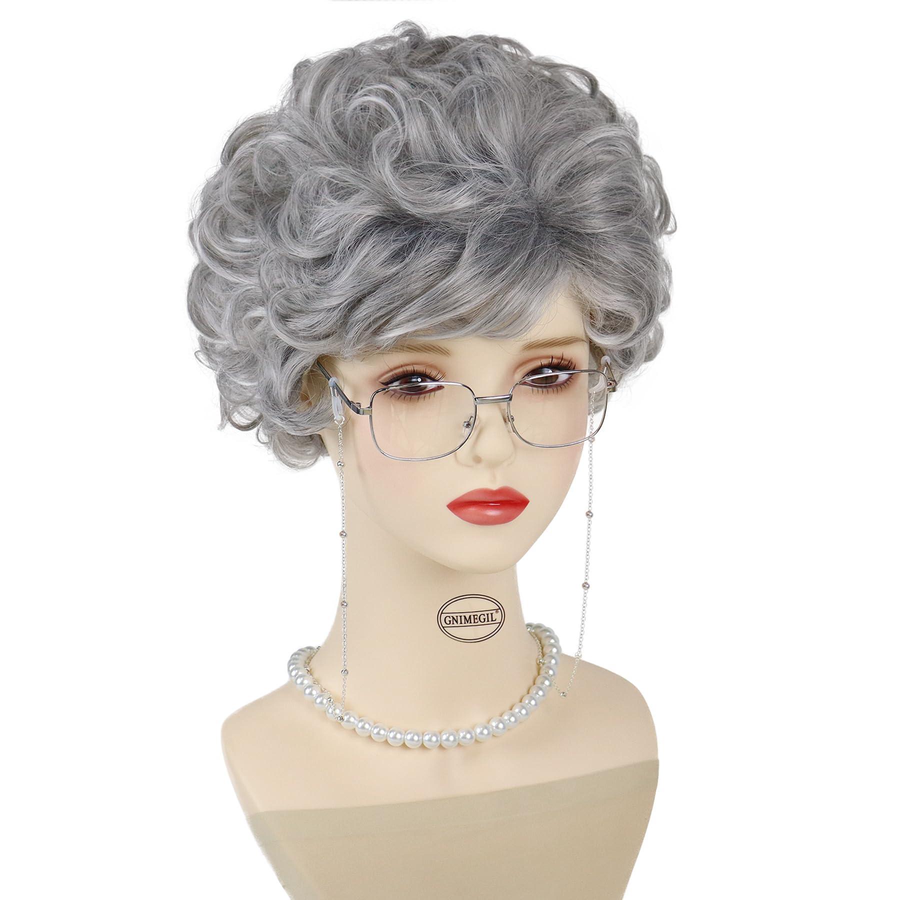 GNIMEGIL GNIMEGIL Old Lady Wig Short Dark Grey Curly Grandma Wig with Bangs Cosplay Costume Halloween Christmas Wig Accessories 4pcs Set(Wig+Glasses+Necklace+Chain)