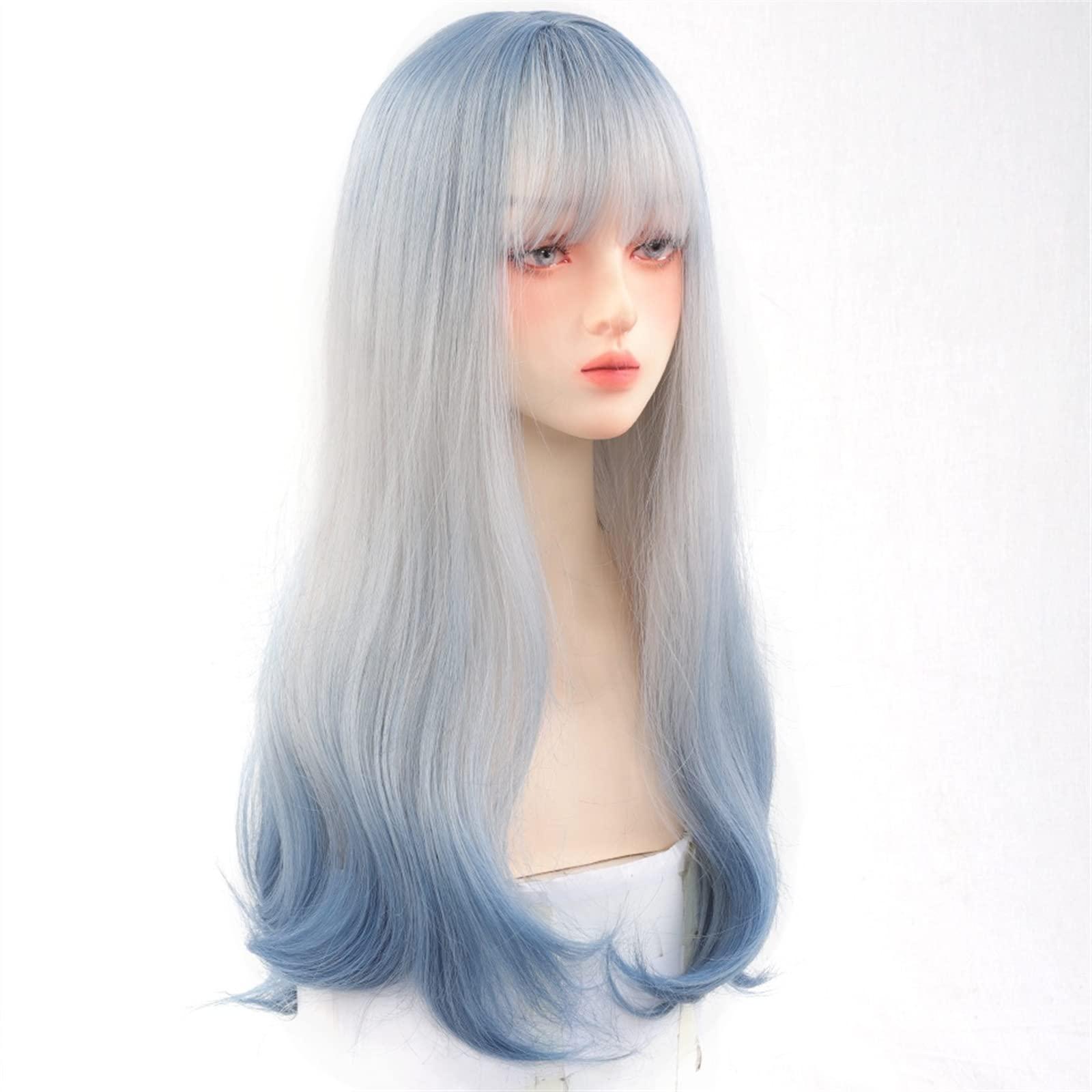 SISWIM Hair Wigs human hair Silver White Wigs with Bangs Long Natural Wavy Synthetic Wigs for Women Blue Roots Ombre Silver White Heat Resistant Fiber Wigs for Daily Cosplay Natural Wigs for women High Densi