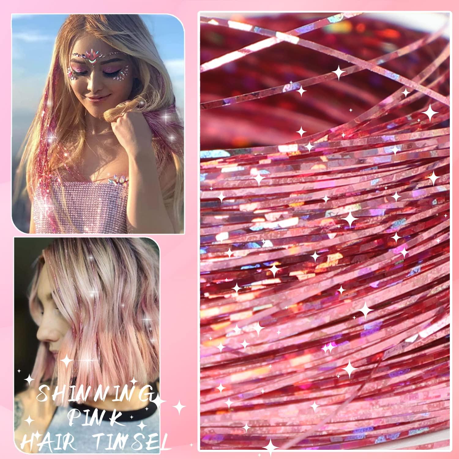 AIFIHIYI AIFIHIYI Hair Tinsel Kit with Tools 48 Inch 1200 Strands Pink Tinsel Hair Extensions Fairy Hair Tinsel Kit Heat Resistant Glitter Hair Extensions Tensile Hair Accessories for Girls Women (Pink)