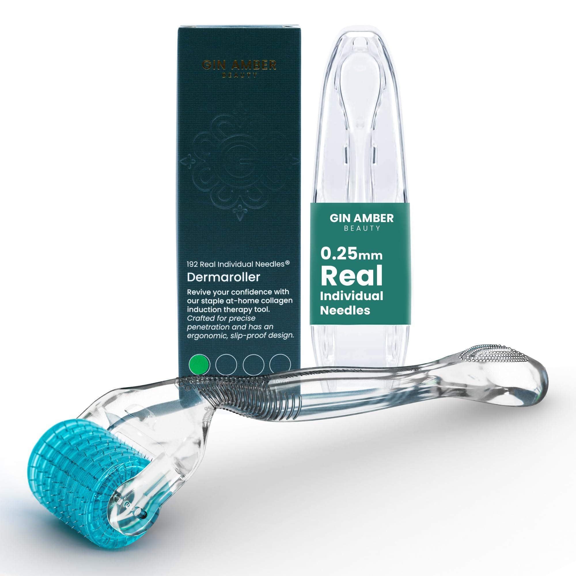 Gin Amber Gin Amber Dermaroller (0.25mm) - 192 Real Individual Needles, Microdermabrasion Device for Skin Care, Serum Absorption with Microneedling, Safe and Painless Revitalizer Tool, Hygienic Case