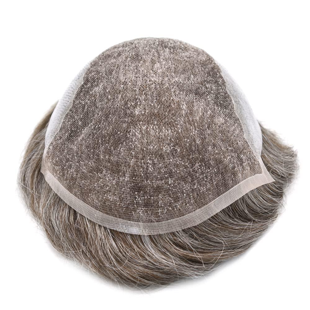 NinthAvenue Basics Toupee for Men Hair Piece - French Lace Human Hair Replacement System, Front Bleached Knot (8x10 Medium Light Density #550 5# Medium Light Brown+50% Grey)