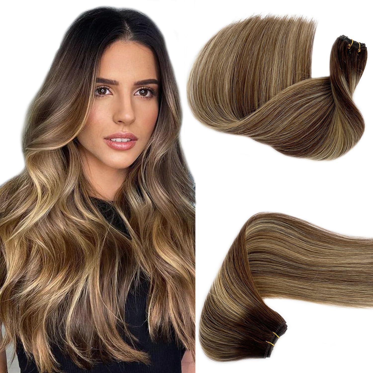 Benafee Hand Tied Weft Hair Extensions Human Hair 22 Inch 120 Gram Sew in Hair Extensions Real Human Hair Bundles Ombre Balayage Medium Brown to Honey Blonde Sew in Hair Bundles Real Human Hair Extensions