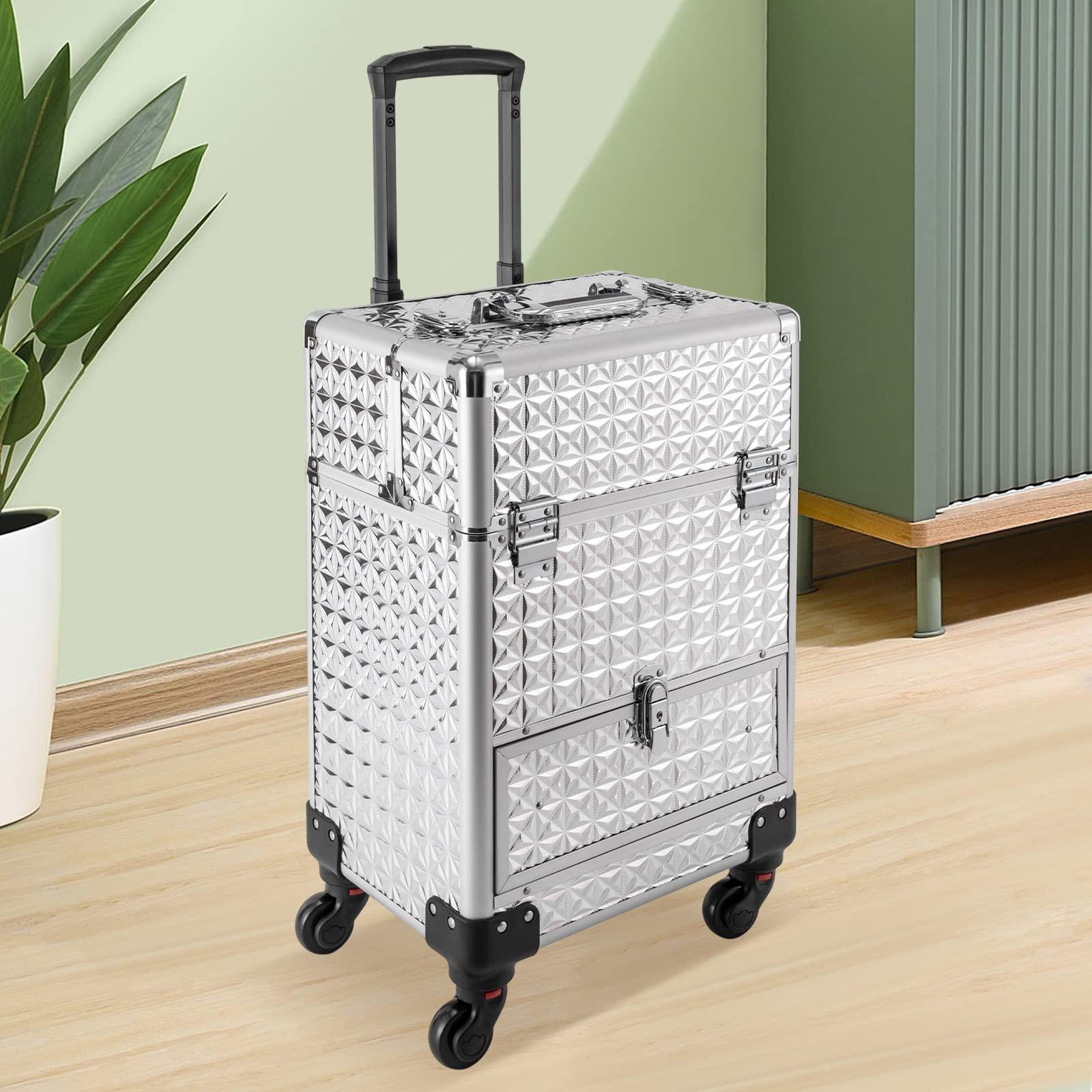 KJNHhugH KJNHhugH Professional Makeup Case Trolley, Rolling Nail Case Wheeled Manicure Storage Case Cosmetic Trolley Cosmetologist Stylist Case for Studio or Travelling, 13.4x9.8x18.5Inch (Sliver)