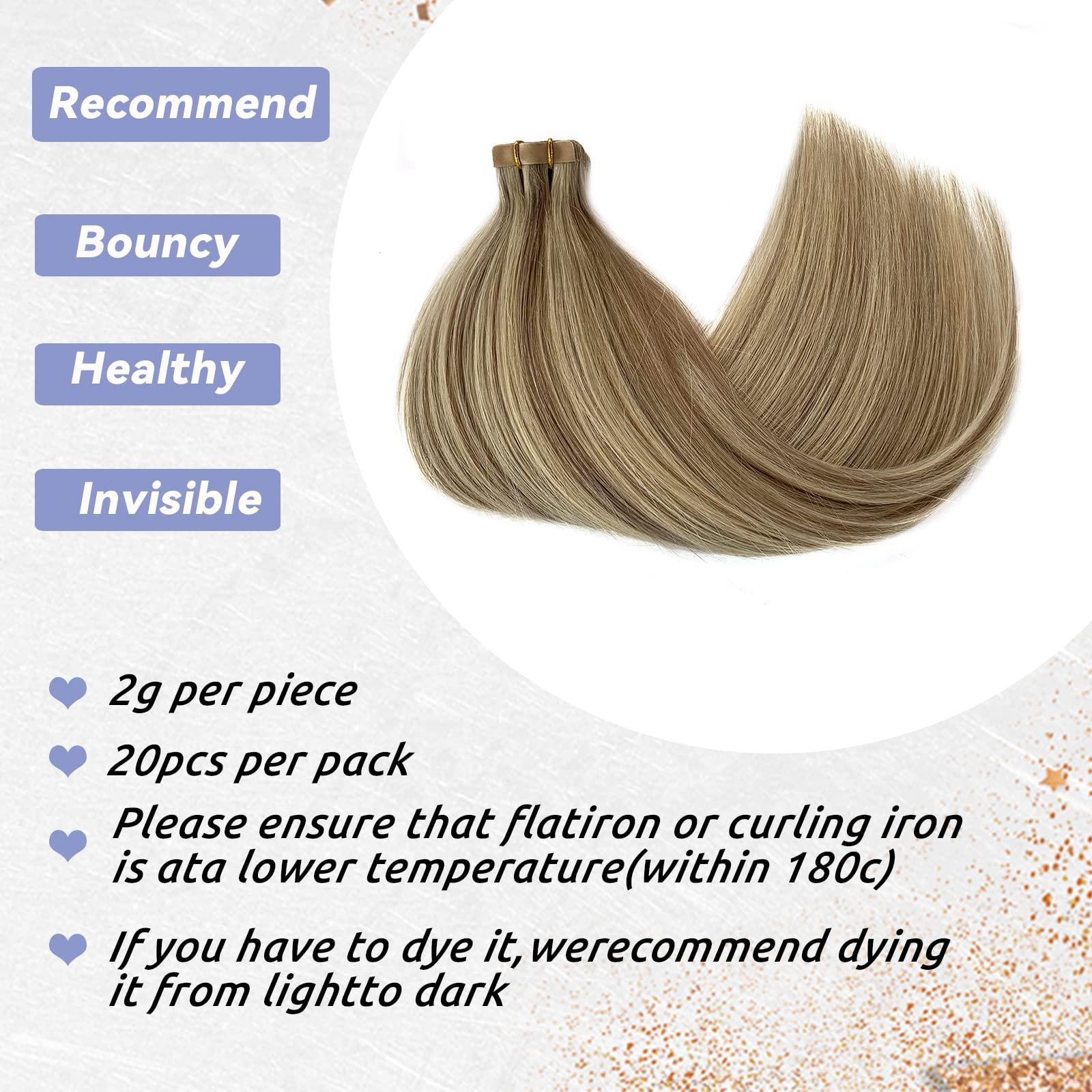 Smavida Balayage Blonde Tape in Invisible Hair Extension Human Hair,Highlight Tape in Hair Extensions Blonde Highlights with Ash Brown Fashion Color Remy Human Hair Extensions Tape in Straight Hair for Women