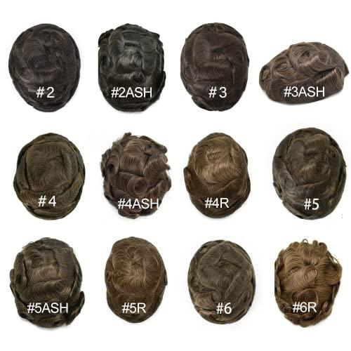 Curve Hair Toupee for Men HairPieces French Lace Mens Toupee Human Hair System Transparent Lace Replacement For Men Poly Skin Around Man Hair Unit Wigs for Men 7\"X9\",#3 Dark Brown-100% Light to Med-Light Density