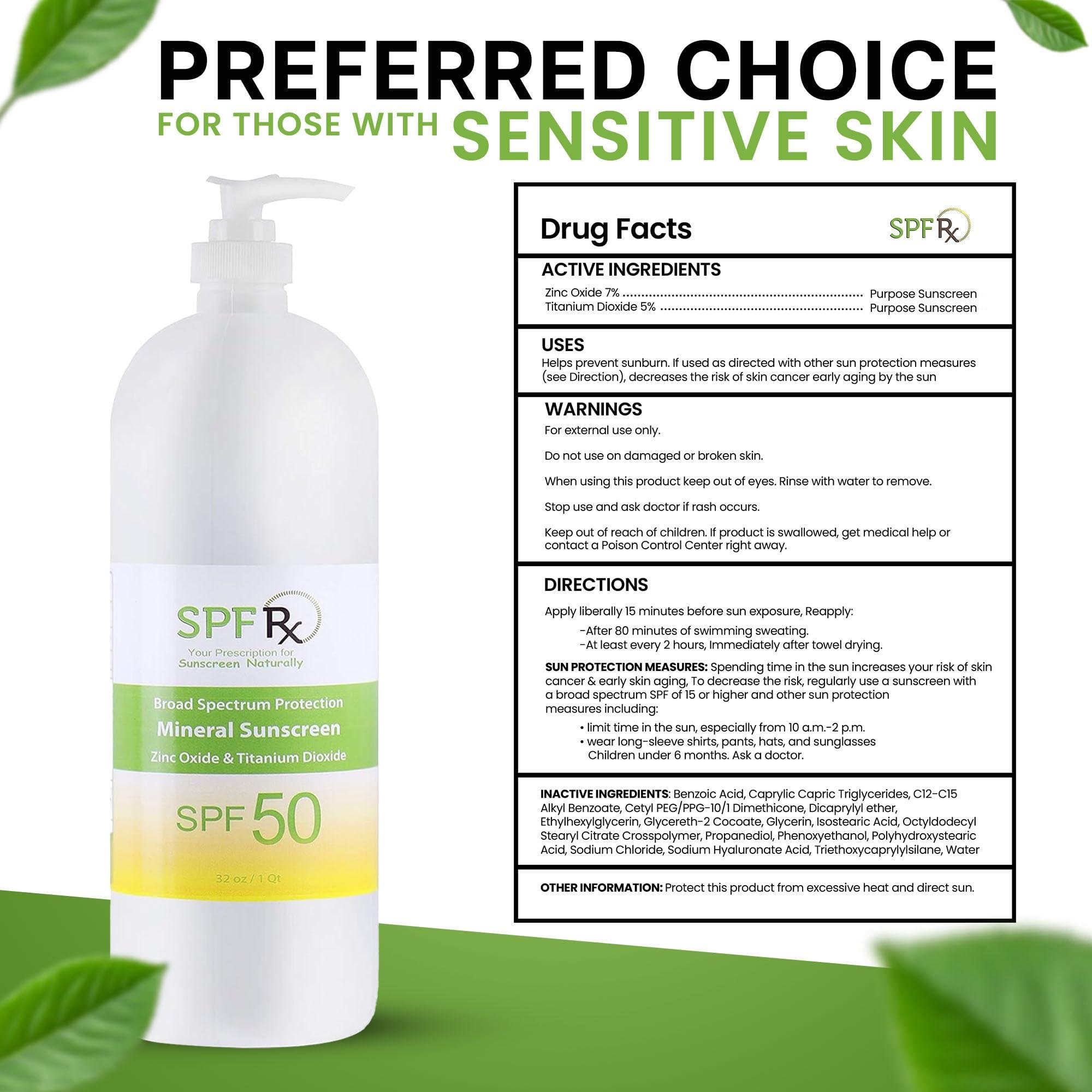 SPF Rx SPF Rx, SPF 50 Mineral Broad Spectrum Sunscreen, with Zinc Oxide and Titanium Dioxide, Waterproof, Sweat-Proof, Performance Sunblock Moisturizer for Face and Body - 1 Quart