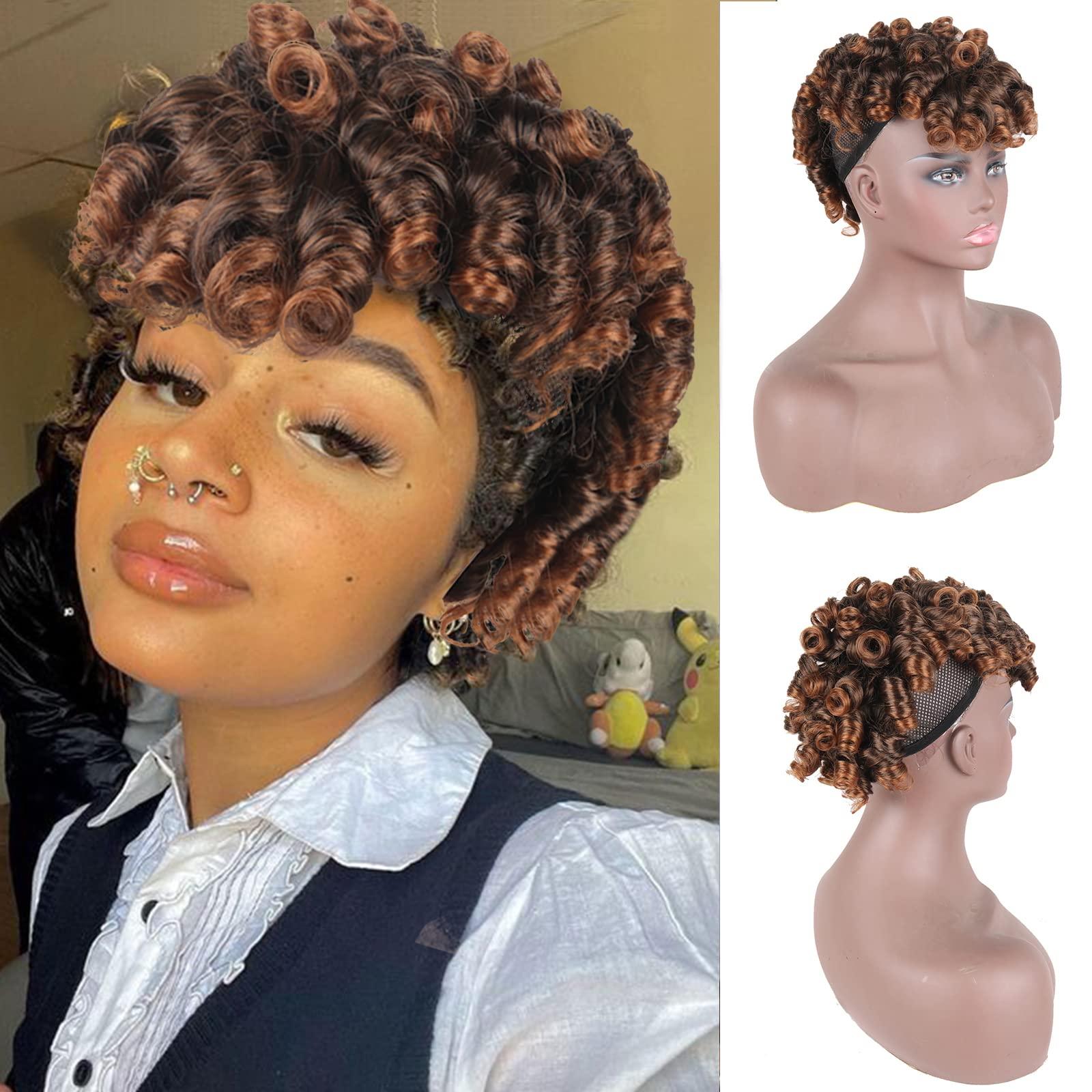 Oseti Oseti Short Mohawk Wig Clip on Hair Extensions for Black Women Cute and Curly Mohawks, Kinky Curly Afro Faux Hawk Clip in Hair Pieces for Women with Thinning Hair Brown Hawks Wig with Bangs (1B/30)