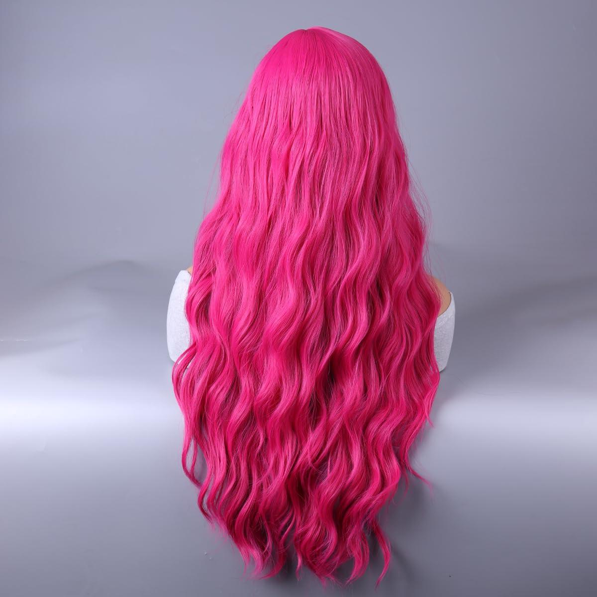WTHCOS WTHCOS Hot Pink Wigs for Women Long Curly Wavy Hot Pink Wig with Bangs Rose Red Wig Neon Pink Wig Magenta Wig Heat Resistant Synthetic Wig with Wig Cap (Hot Pink)