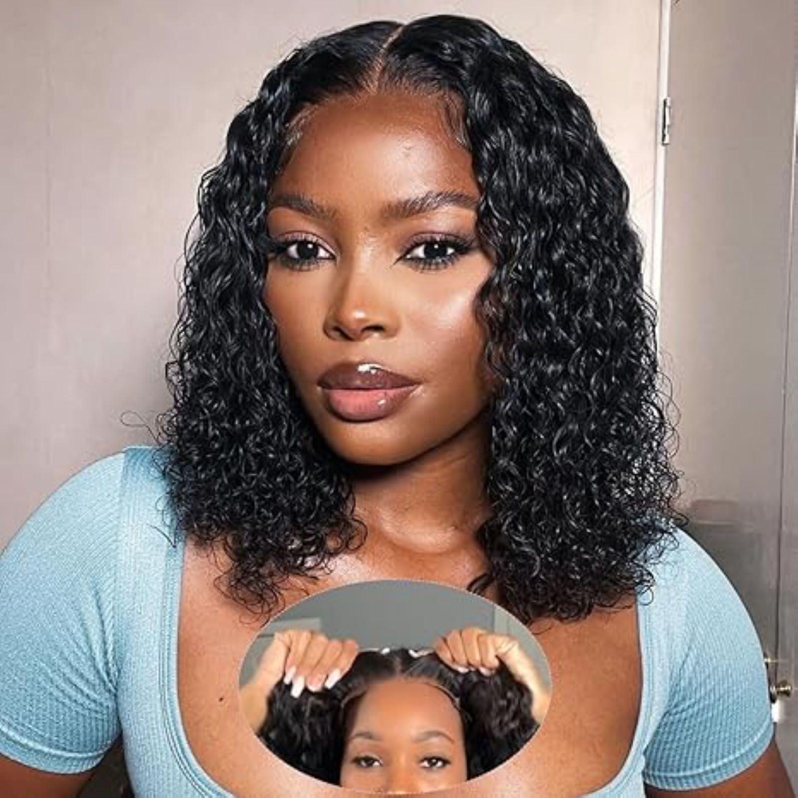 FleurraKa FleurraKa Glueless Wig Real Hair Pre Cut Pre Cut Curly Hair For Beginners Short Deep Curly Bob Wig HD Lace Closure Wig