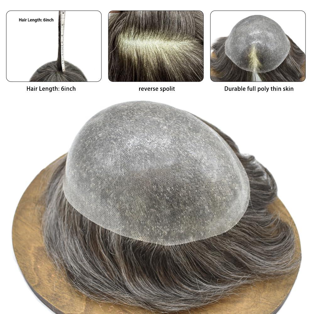 Top Beauty Mens Toupee Hair System For Men 0.06mm Super Thin Skin V-looped Mens Hair Replacement System Natural Hairline Toupee For Men Poly Skin8\"X10\"#230 Darkest Brown with 30% gray hair-90% Light density