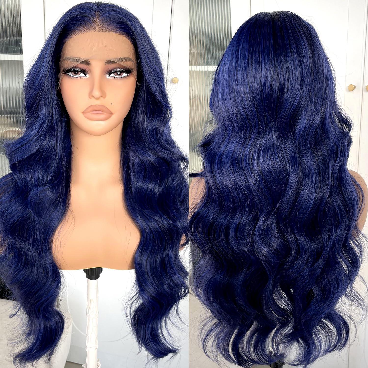 BlackSwern BlackSwern Dark Blue Wig Blue Body Wave Lace Front Wig, Glueless Lace Wig, Pre-plucked Pre-layered Body Wave Wig with Curtain Bangs for Black Women, 24