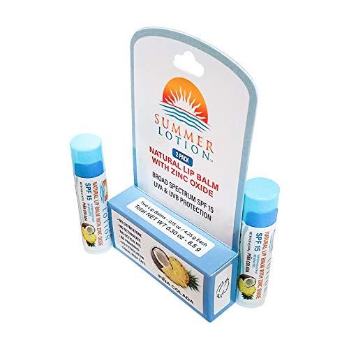 Summer Lotion Natural Lip Balm with Zinc Oxide Sunblock by Summer Lotion, SPF 15 Lip Sunscreen 2-Pack, Water Resistant Chapstick, SPF Lip Protection for Everyone, (Pina Colada)