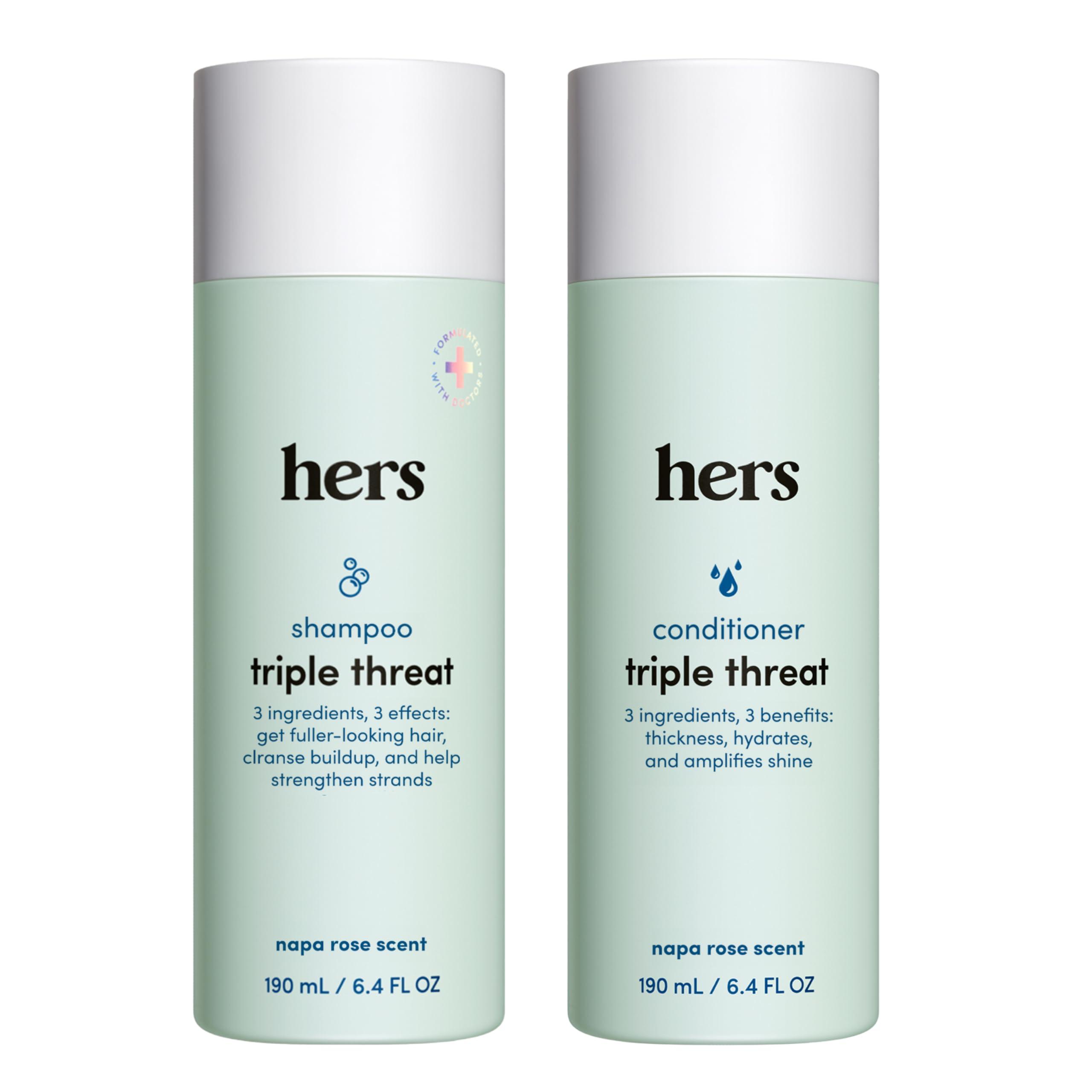 Hers hers Triple Threat Shampoo and Conditioner Set for Women- Thickening, Moisturizing, Reduces Shedding - Color Safe Hair Loss Shampoo and Conditioner- Napa Rose, 2 pack, 6.4oz