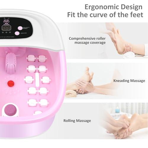 MoodRelish Foot Spa Bath Massager with Heat Bubbles and Vibration Massage and Jets, 16 OZ Calming Lavender Foot Soak Epsom Salt, Foot Soaker with Red Light, 22 Massage Rollers, Adjustable Temp - Pink