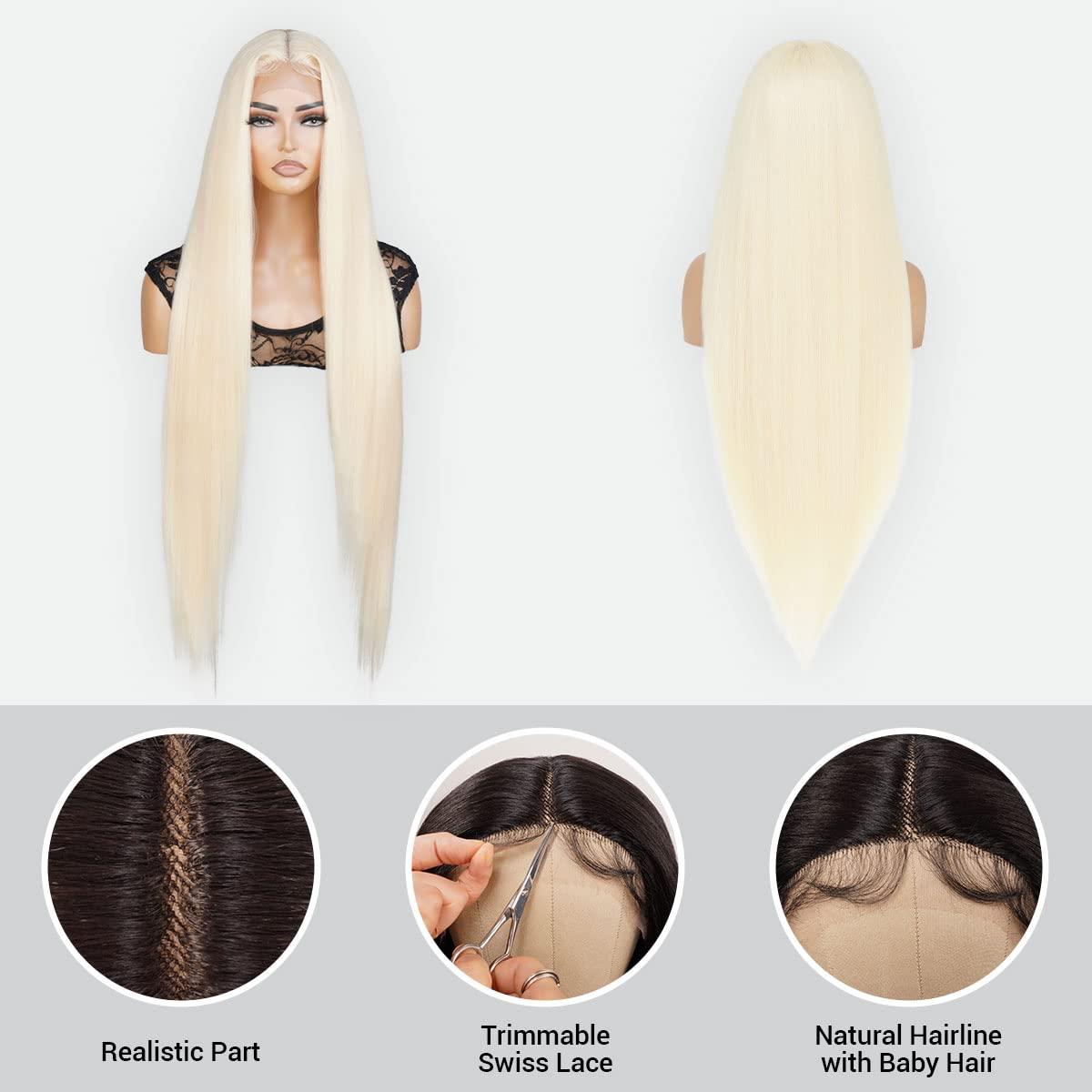 STUDIOCUT BY PROS STUDIOCUT BY PROS Lace Front Wig 36 Inch Bone Straight Super Long length Middle Center Part Wig for Black Women Realistic Hairline Heat Resistant Synthetic Wigs DPL002 (36 Inch, 613-Light Blonde)