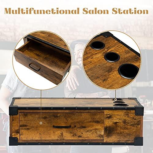 PENNYNANA PENNYNANA Wall Mount Styling Barber Station with Charge Station,Salon Stations with Locked Storage Drawer for Hair Stylist,Rustic Brown