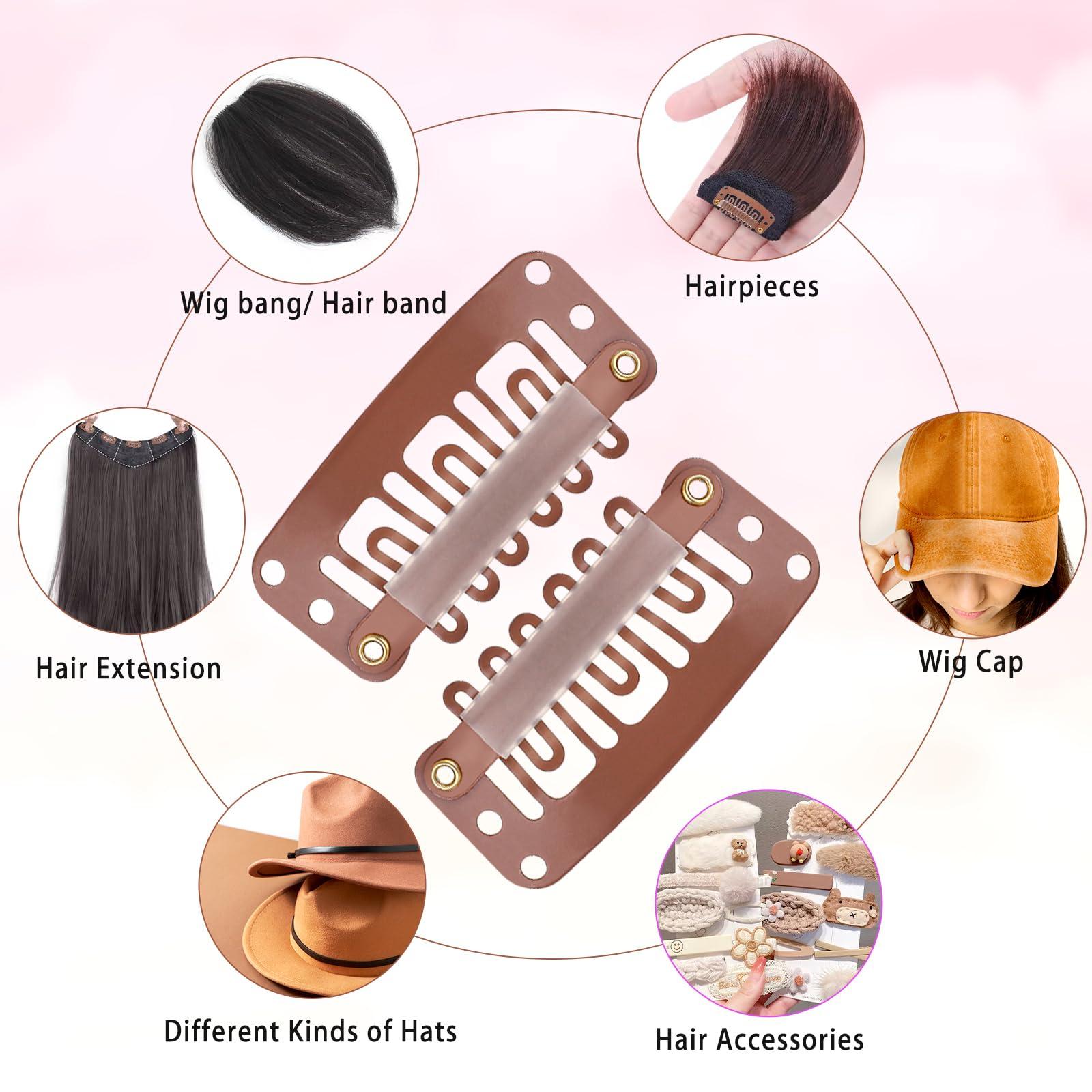 Mozeat Lens 50Pcs Snap Clips for Hair Extensions Wig Clips to Secure Wig No Sew 6 Teeth U Shape Metal Silicon Brown Wigs Hair Extension Clips for Women Hairpiece, Wig Clips Extension Clips to Secure Wig
