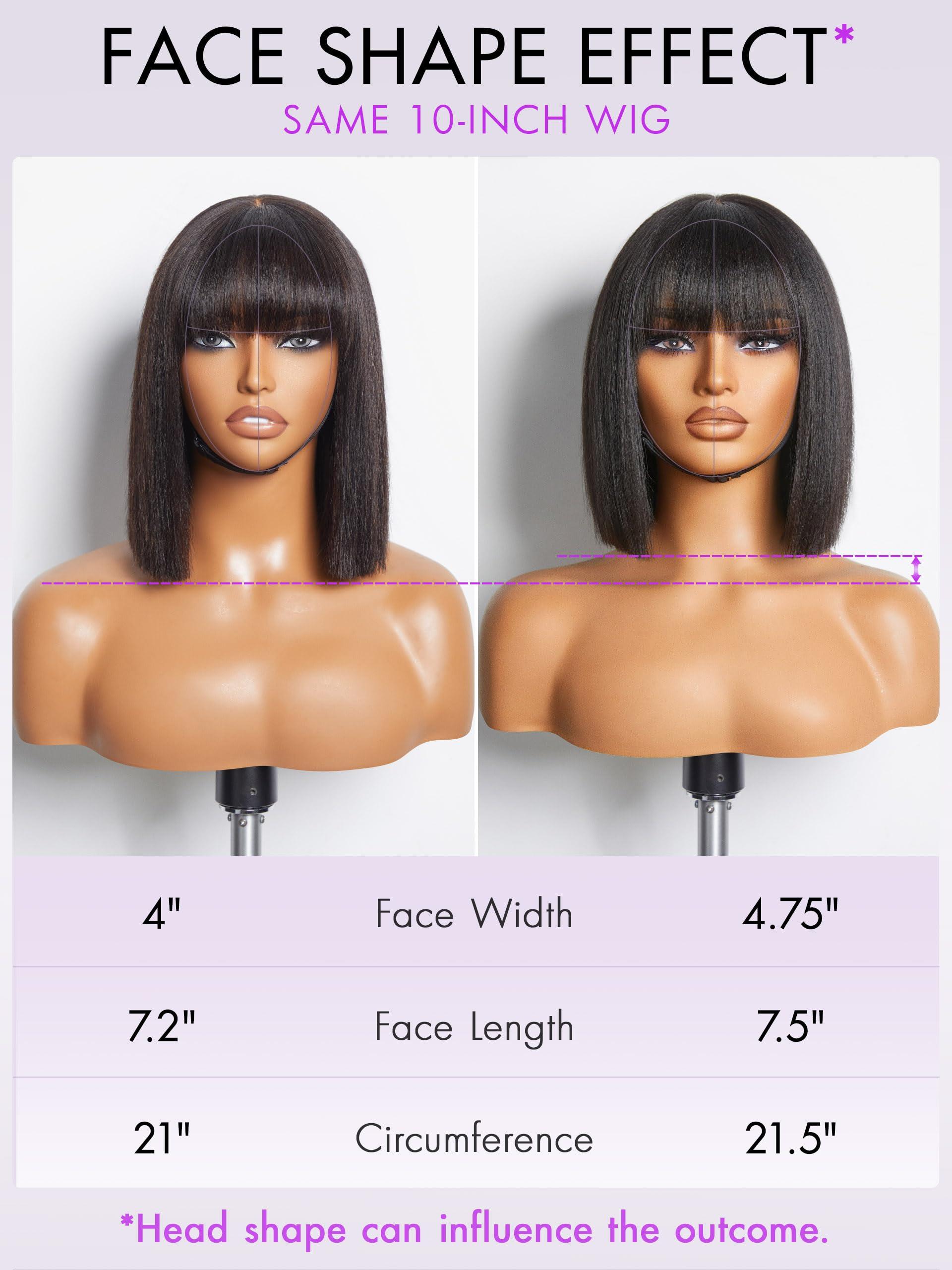 LUVME HAIR LUVME HAIR 10 Inch Yaki Straight Bob Wig with Bangs Human Hair Glueless HD Lace Bob Wig with Brown Highlights, Ready to Go Short Wigs For Women 180 Density (Breathable Cap)