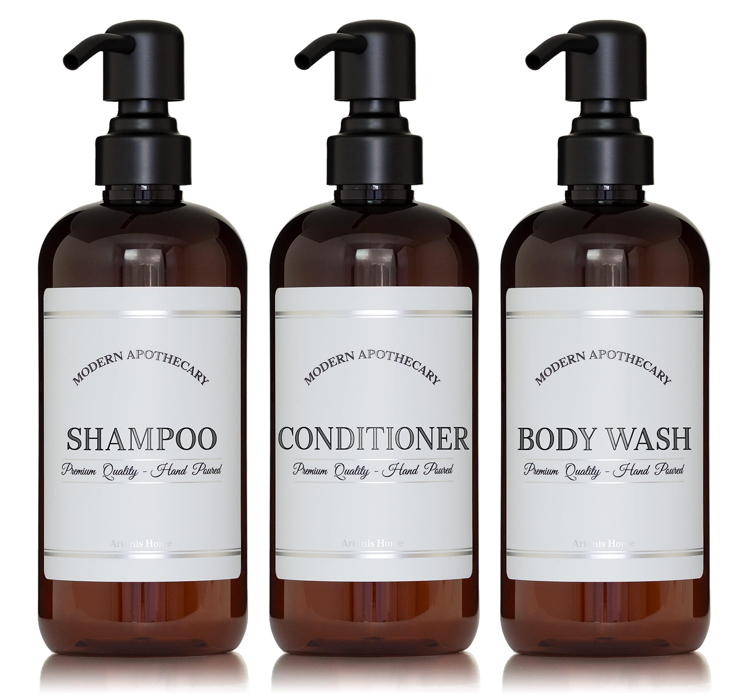 Artanis Home Amber Refillable Shampoo and Conditioner Bottles - Body Wash, Shampoo and Conditioner Dispenser - PET Plastic Shampoo Bottles Refillable with Pump - Waterproof Labels - 16 oz, 3 Pack (Black Satin)