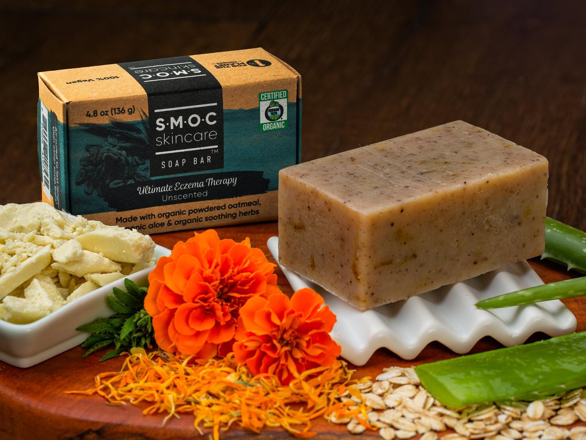 S.M.O.C. Skincare Certified Organic Eczema Soap for Face & Body, Unscented with Oatmeal, Aloe, Extra Virgin Olive Oil, & Cocoa Butter - Soap for Dermatitis, Psoriasis, Sensitive Dry Skin - For Adults & Children (1)