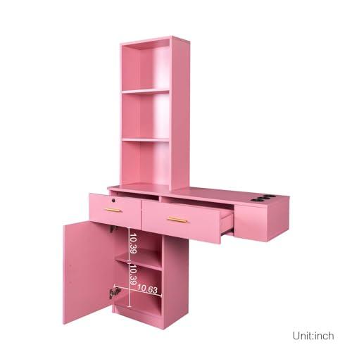 Shuoya Jewelry Salon Stations, Barber Stations Vanity Desk with Open Storage Shelf and Drawers, Hair Styling Equipement Set for Hair Stylist Bedroom Make Up Room Girls Women (Pink)