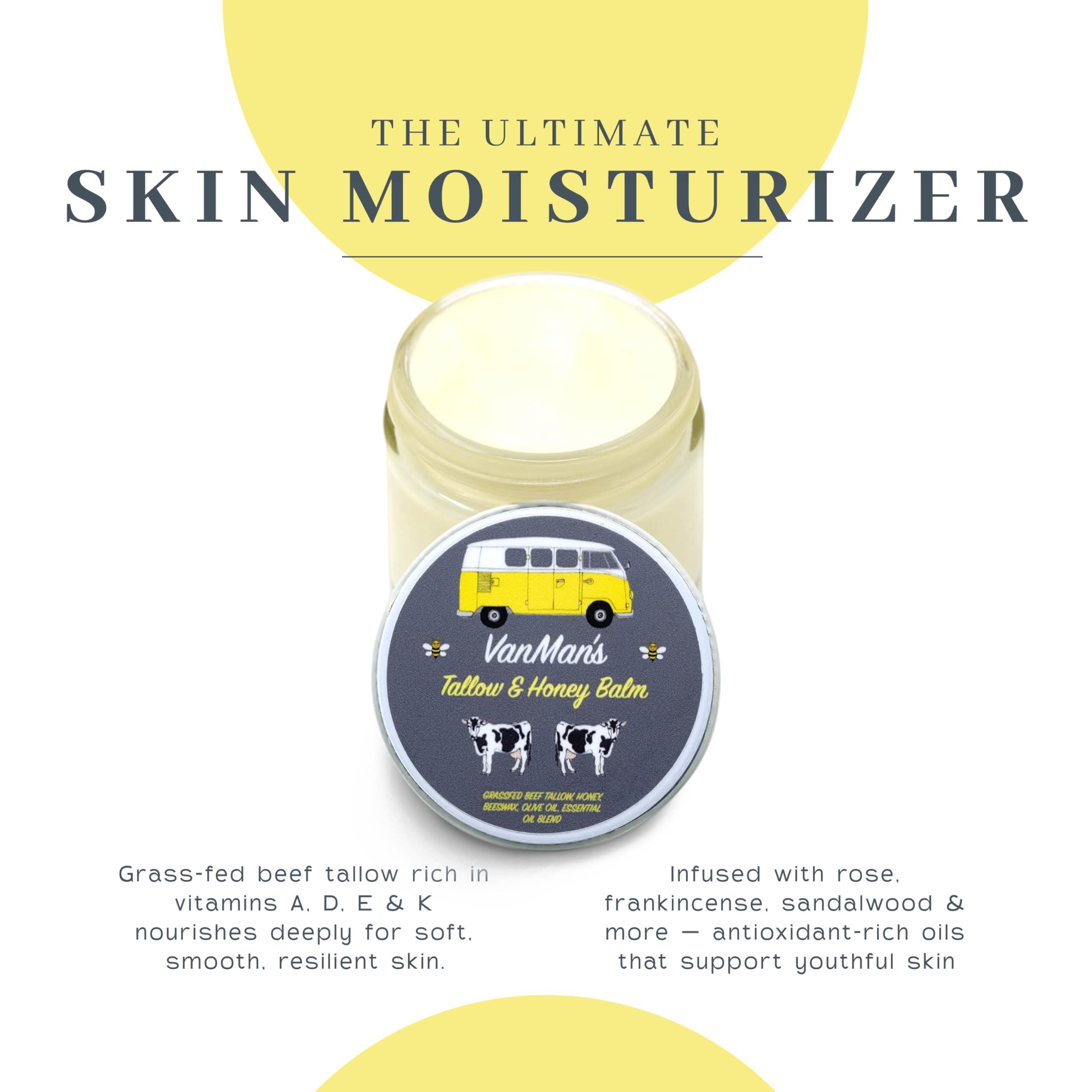The Vanman Company Vanman\'s Tallow and Honey Balm With No Added Scent - Beef Tallow Face Moisturizer with Grass-Fed/Finished Beef Tallow for Skin, Organic Raw Honey and Beeswax, Cold Pressed Olive Oil - 2 oz
