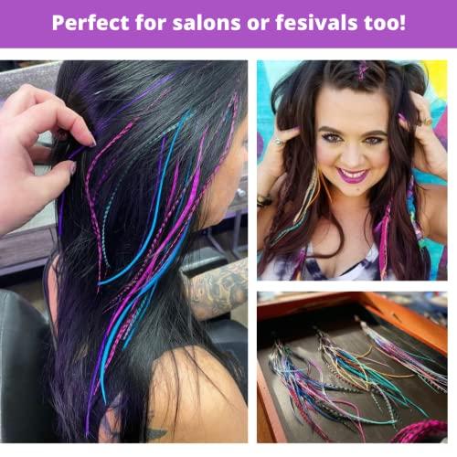 Feather Lily Hair Feathers and Tool Kit, Pink, Purple, Blue and Black & White Striped Feather Extensions with Beads, loop tool and pliers