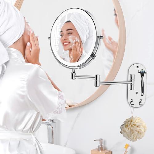 FUNTOUCH FUNTOUCH Wall Mounted Lighted Makeup Mirror, Rechargeable 8\" Double-Sided LED Make up Mirror 1X/10X Magnification, 3 Color Lights Dimmable 360 Rotation Wall Mount Mirror with Extension Arm and Hooks
