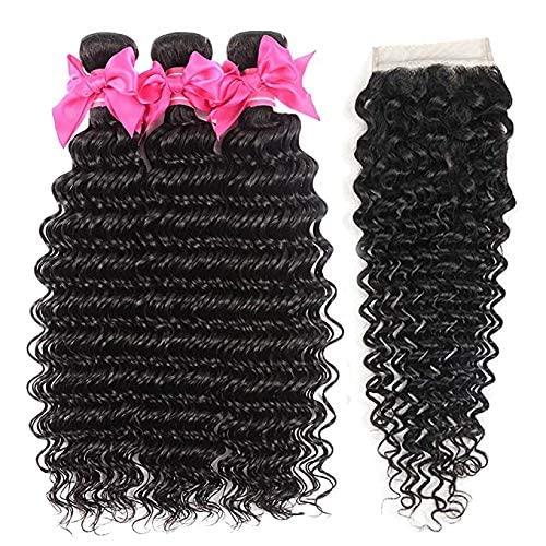 Aatifa Brazilian Deep Wave Curly Virgin Human Hair Bundles with 4X4 Free Part Lace Closure Unprocessed Human Hair Extensions Natural Black (18 20 22 24+16,lace closure)