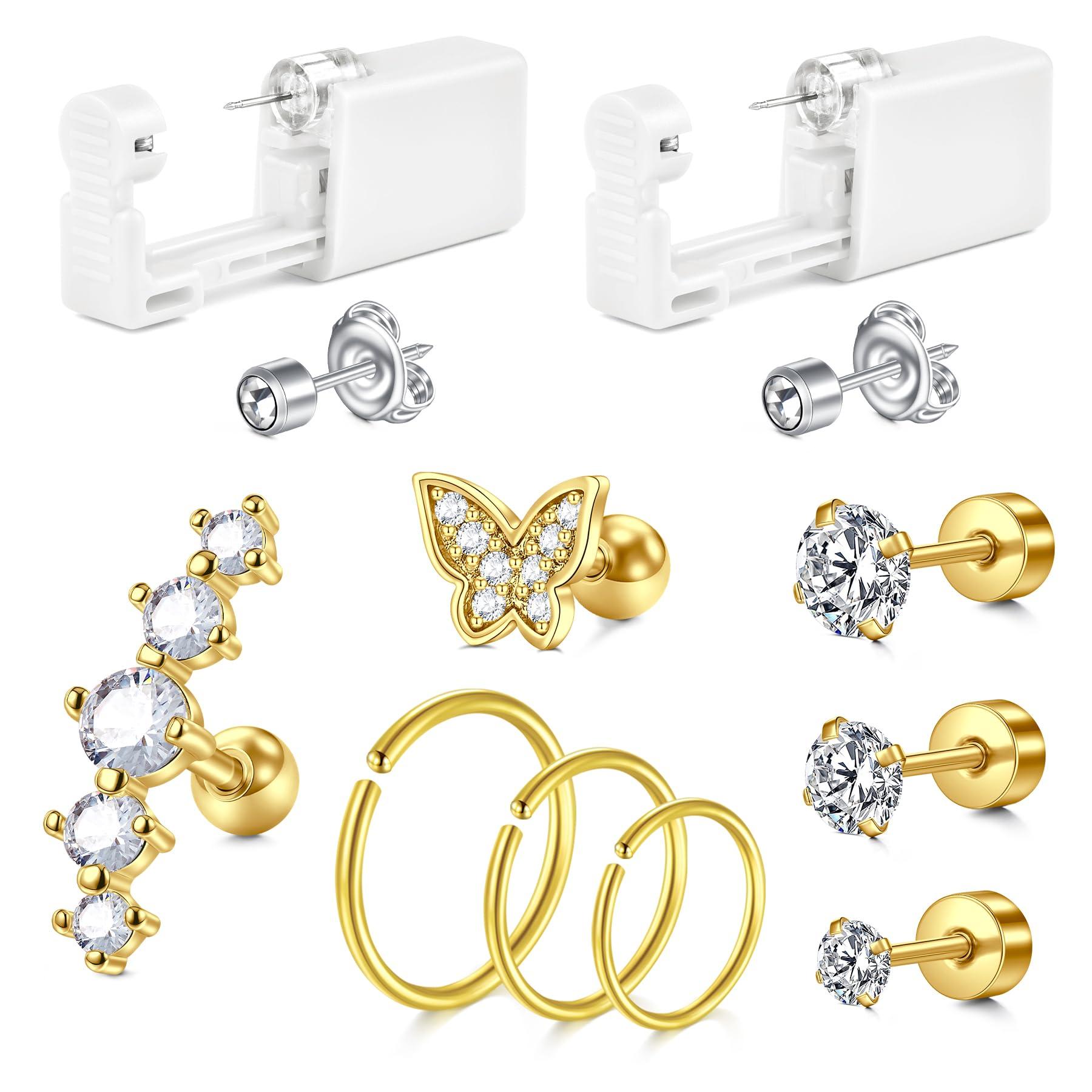 JIESIBAO JIESIBAO Professional Gold Cartilage Ear Piercing Gun Kit with 16G CZ Earring Studs 3mm 4mm 5mm,Cartilage Earrings with Butterfly Studs and Versatile Hoop Earrings 8mm 10mm 12mm